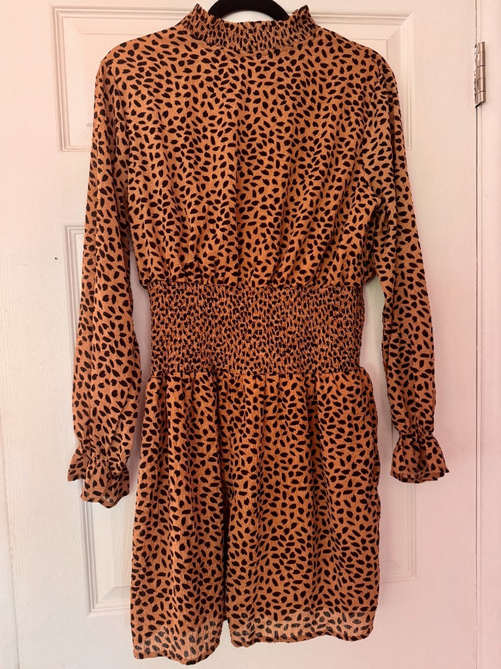 She + Sky Tan Leopard Print Chiffon Smocked-Waist Dress, NWT